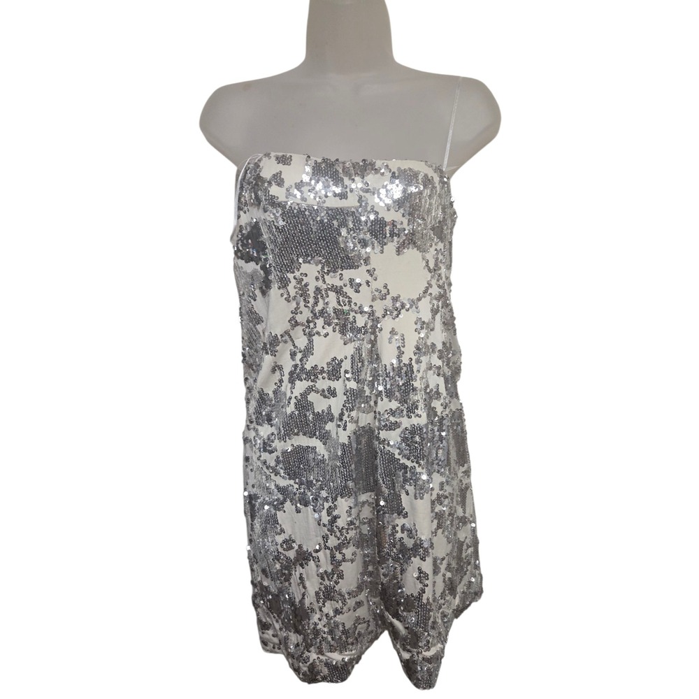 Vintage 90s JS Boutique Petite Silver Sequin Strapless Mini Dress Cocktail Party